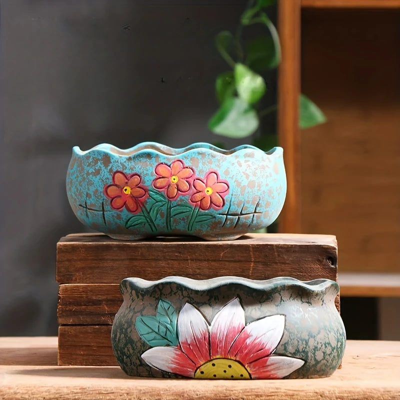 Ceramic oval flower planter, turquoise with hand-painted multicolor blossom flowers