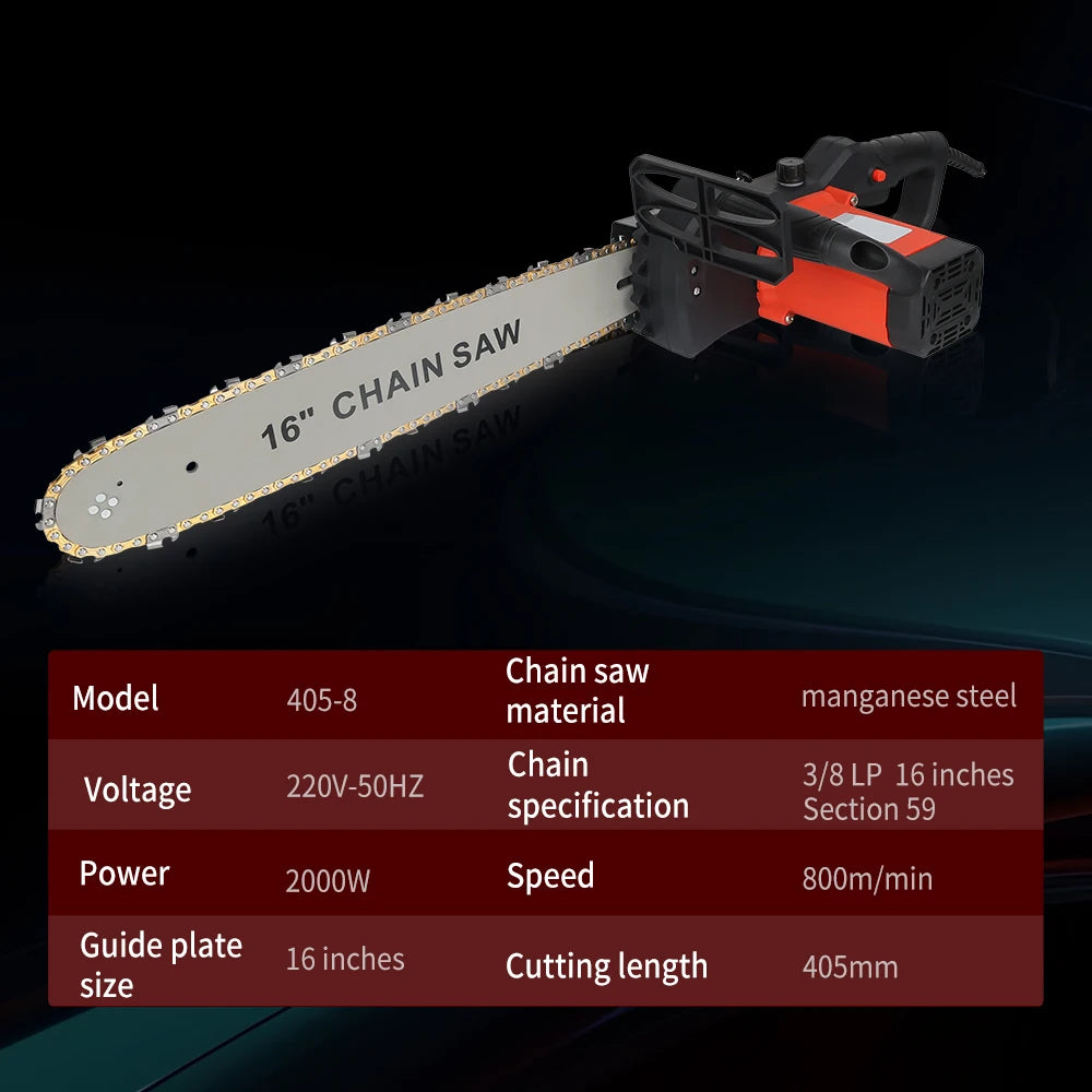 Podofo 16" 2000W Electric Large Chain Saw 16inch Corded High Speed Large Chain Saw Wire Motor Power Woodworking Cutter Garden Tool