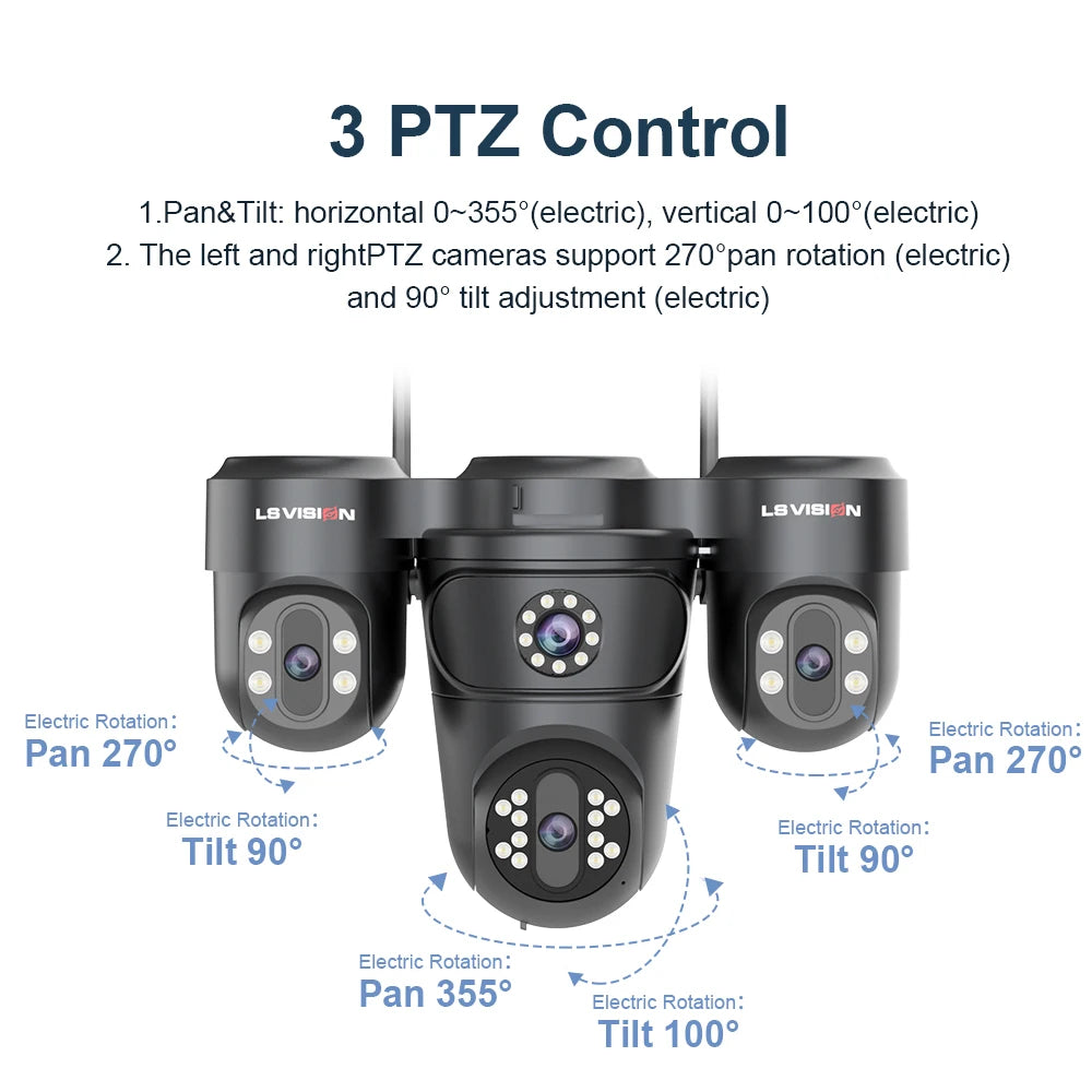 LS VISION 20MP 4 Screen 4G AOV  Solar Camera 12X Zoom 3 PTZ 360° 24/7 Video Recording  AI Humanoid Auto Tracking CCTV IP Camera