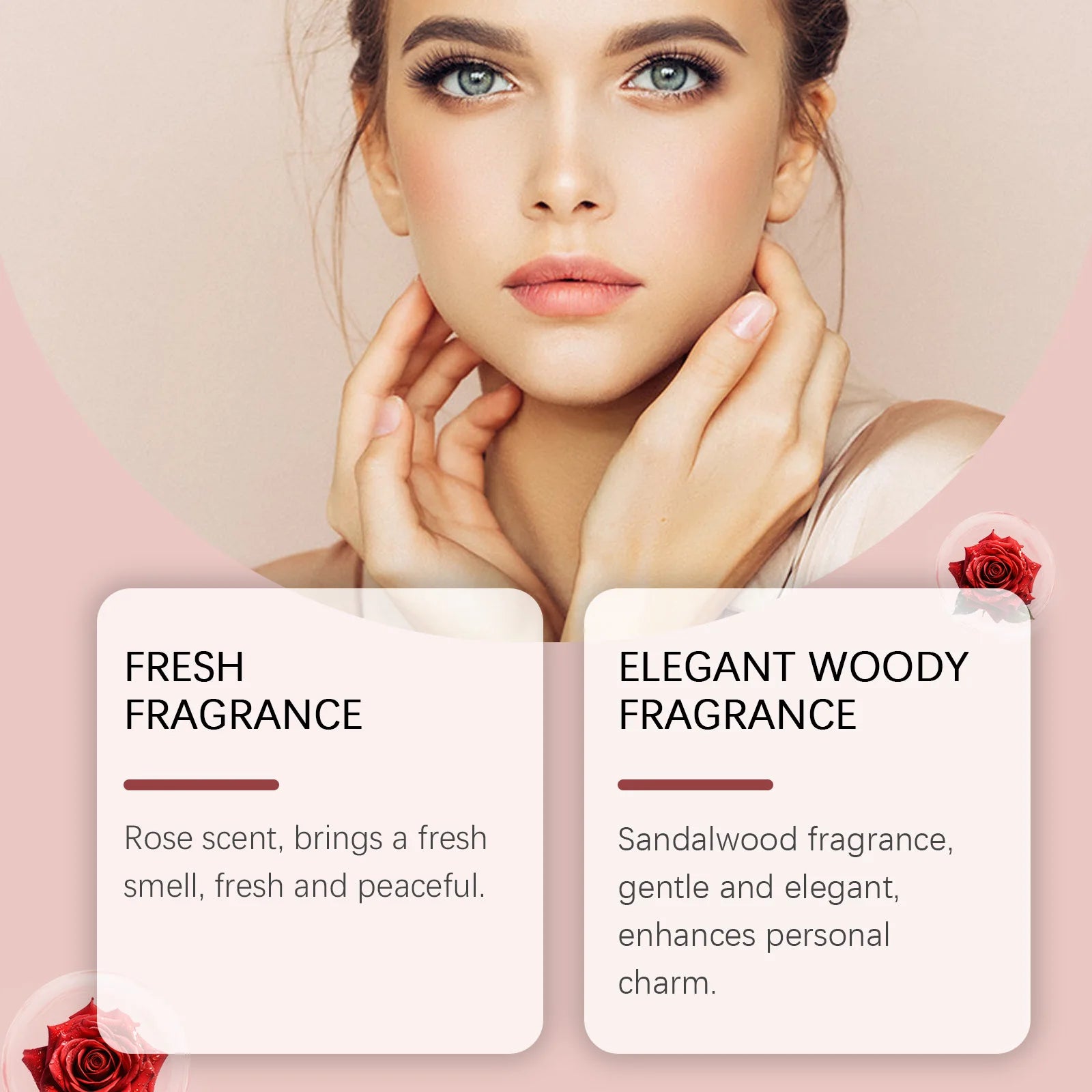 Women’s long-lasting pheromone perfume spray, rose and sandalwood woody notes, elegant fresh floral scent for women.