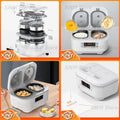 White mini smart rice cooker with two removable inner pots and lid control compartments