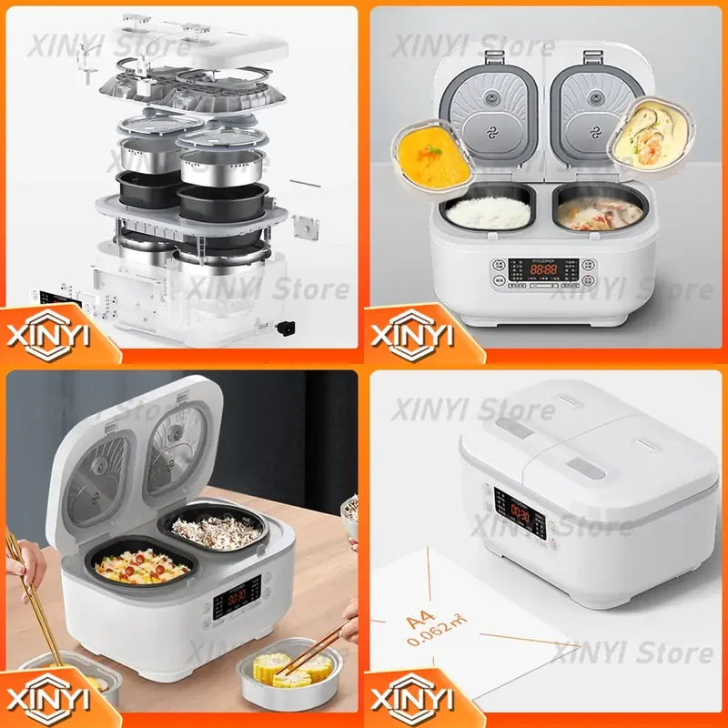 White mini smart rice cooker with two removable inner pots and lid control compartments