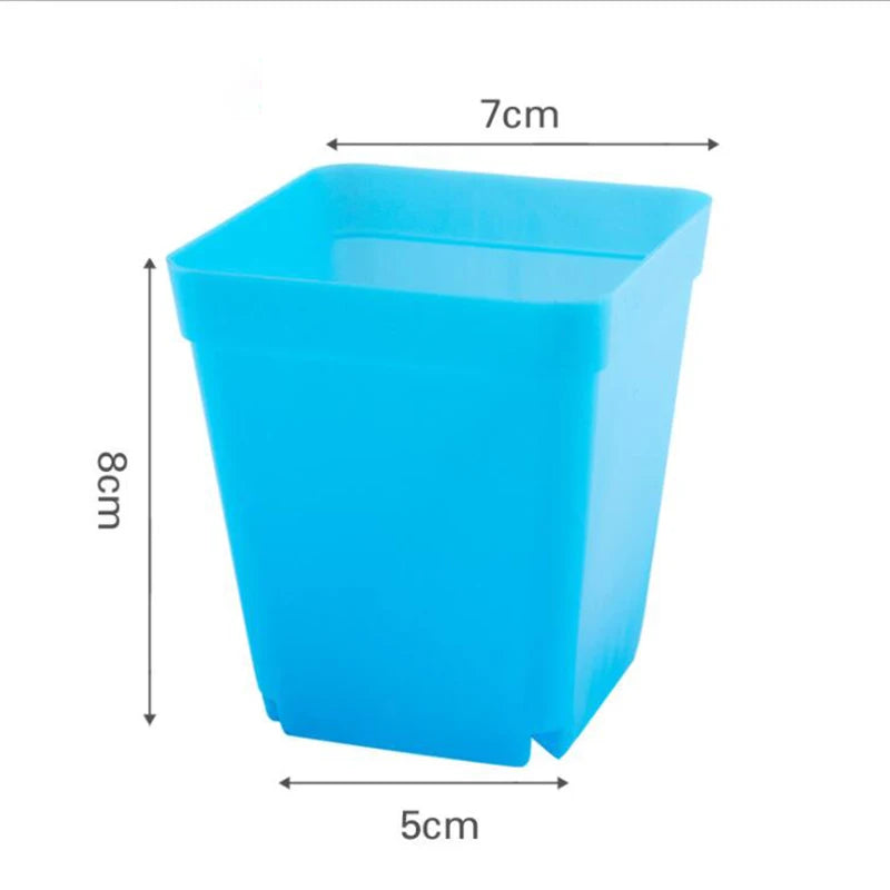 Blue plastic mini flower pot, square open top for nursery or succulents, 7 x 8 cm