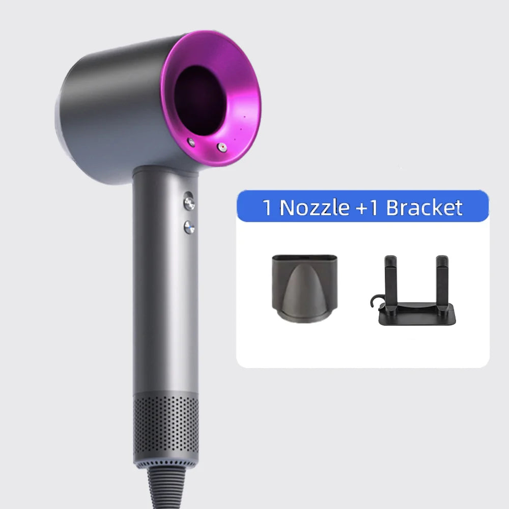 Grey and purple bladeless high-speed negative ion hair dryer with magnetic nozzle and storage bracket.