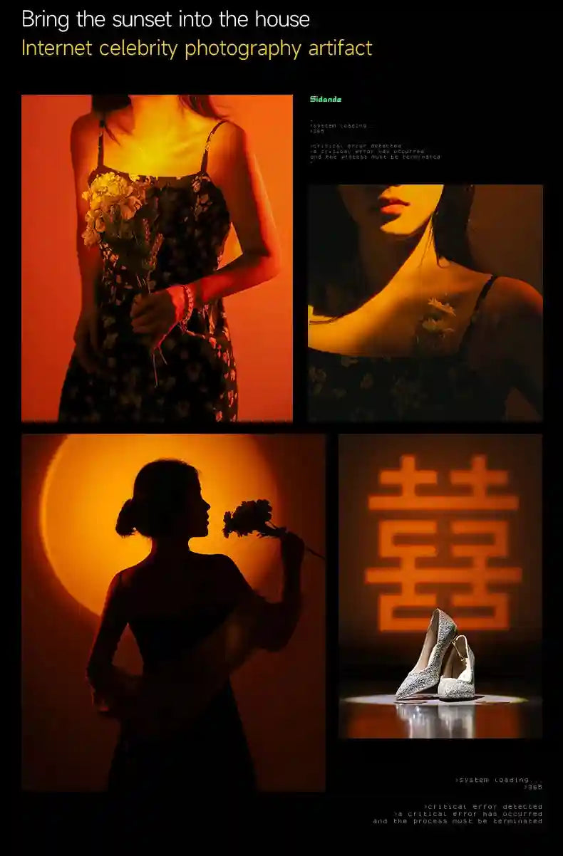 Sunset projection lamp casting orange circular and character light patterns for ambient home photography.