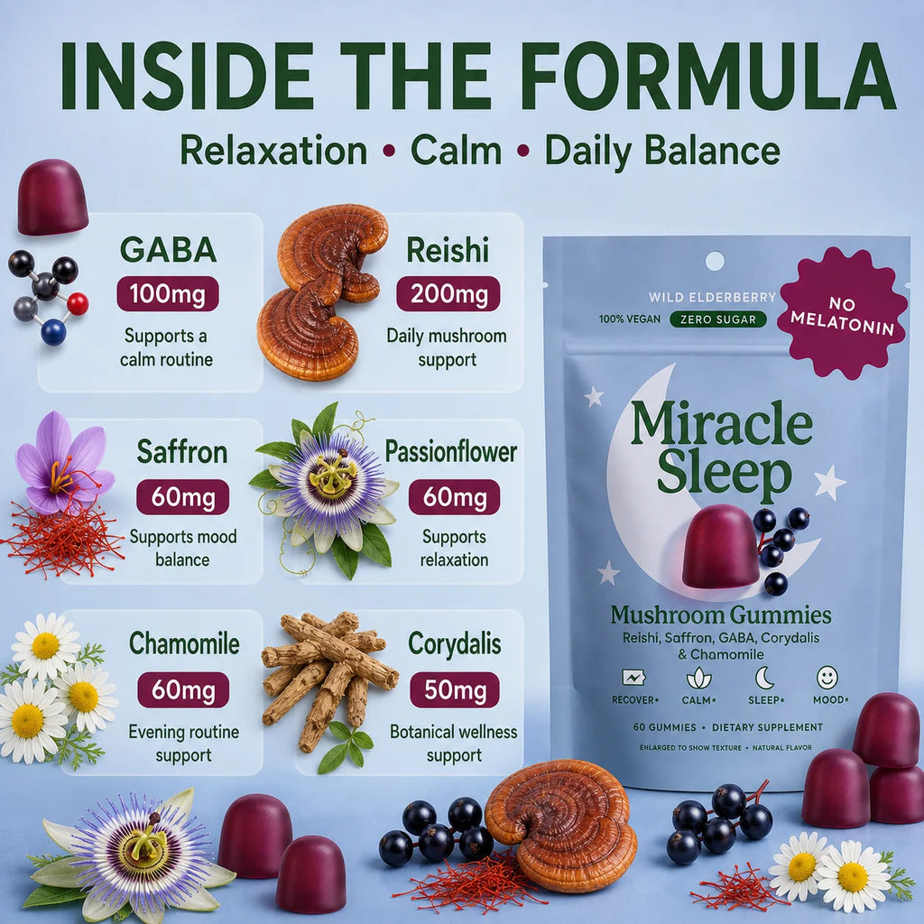 Melatonin-Free Mushroom Sleep Gummies with Reishi, GABA, Saffron & Chamomile, Wild Elderberry, Calm Night Support, 60 Count
