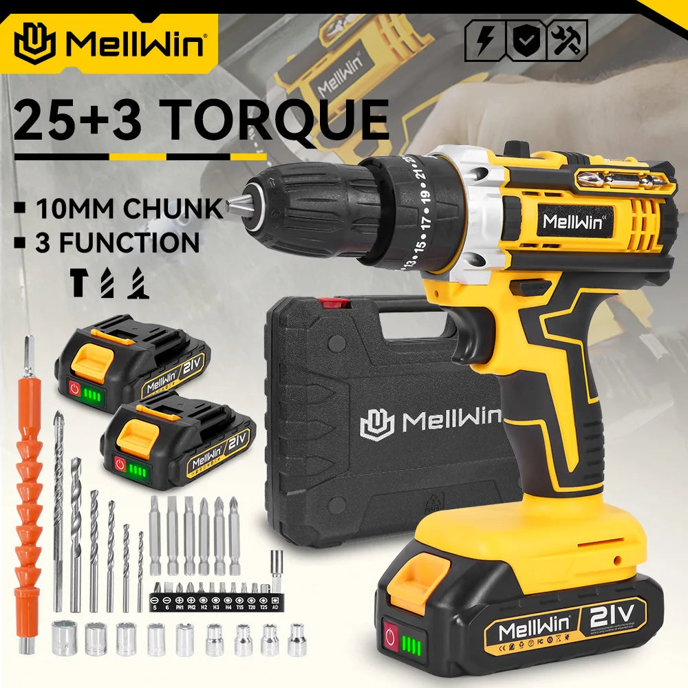MELLWIN 25+3 Torque Cordless Electric Impact Drill Set Multipurpose Electric Screwdriver Tool Sets For Makita 18V Battery Pin
