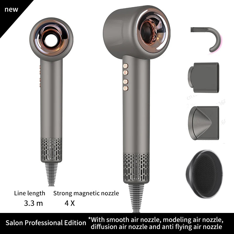 Grey leafless negative ion hair dryer with 4 magnetic styling attachments and professional long cord.