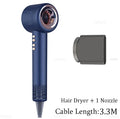 Dark blue leafless ionic hair dryer with styling nozzle and long cable for professional salon hair care styling.