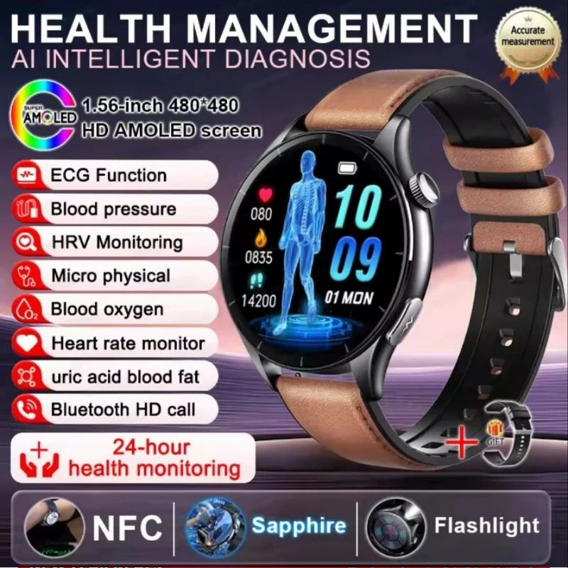 2026 New Health Analysis ECG+PPG Smart Watch Body Fat Uric Acid Blood Pressure Heart Rate Tracker NFC Smartwatch For Android IOS