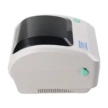 White desktop thermal label printer top view with dark display window and turquoise button