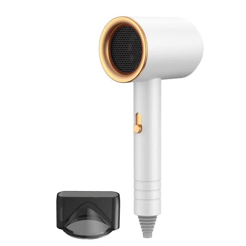 White and gold negative ion hair dryer with nozzle attachment for fast, quiet, salon-quality hair drying at home.