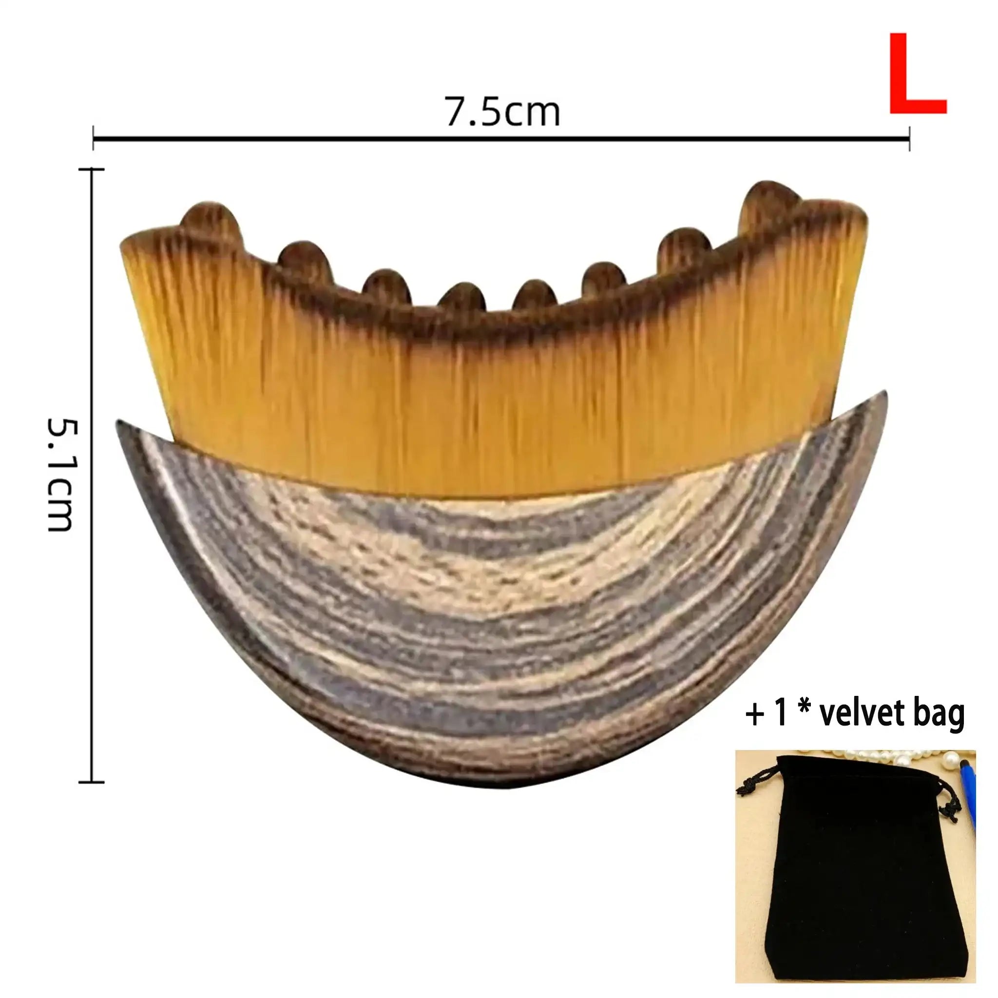 Crescent-shaped lymphatic face brush with brown wood-grain handle and soft, dense bristles. Includes a black velvet bag.