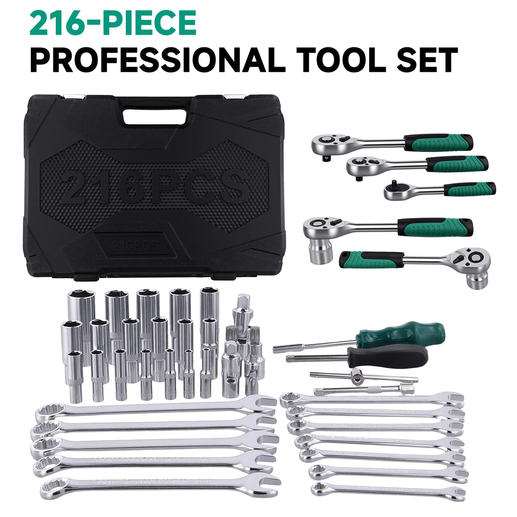 Podofo 216Pcs Socket Wrench Sets 1/4" 3/8" 1/2" Socket Wrench Sets with 24-Tooth Ratchet Wrench Ergonomic Ratchet Wrench Mechanic Tool Set For Automotive Motorcycle Repair & Home, Garage, Professional Automobile Maintenance