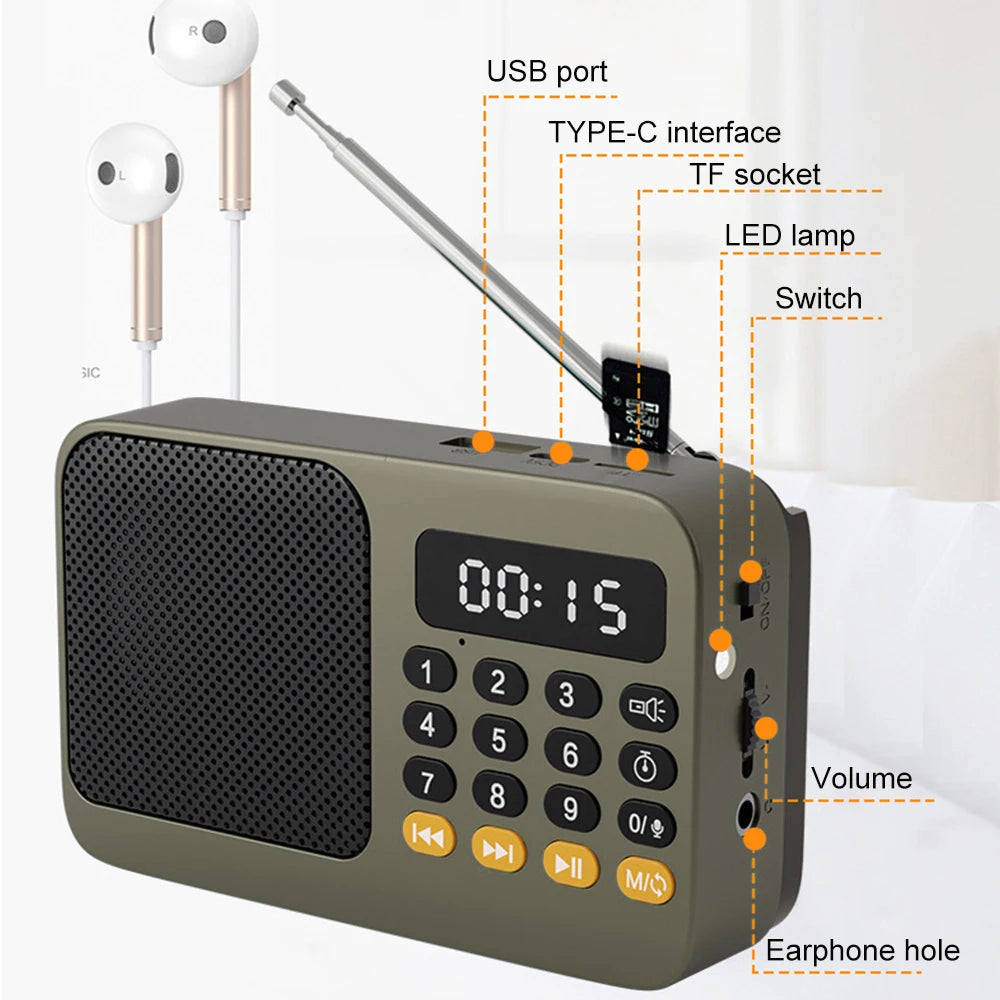FM Radio Portable Speaker Bluetooth 5.0 with LED Light Support Recording TF Card USB Play Wireless Speaker Radio FM Receiver