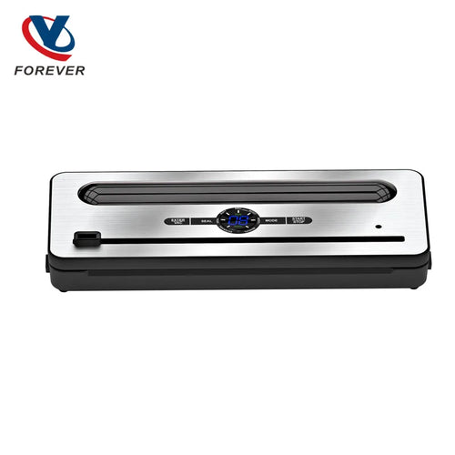 Silver and black vacuum sealer machine with digital display and sealing bar