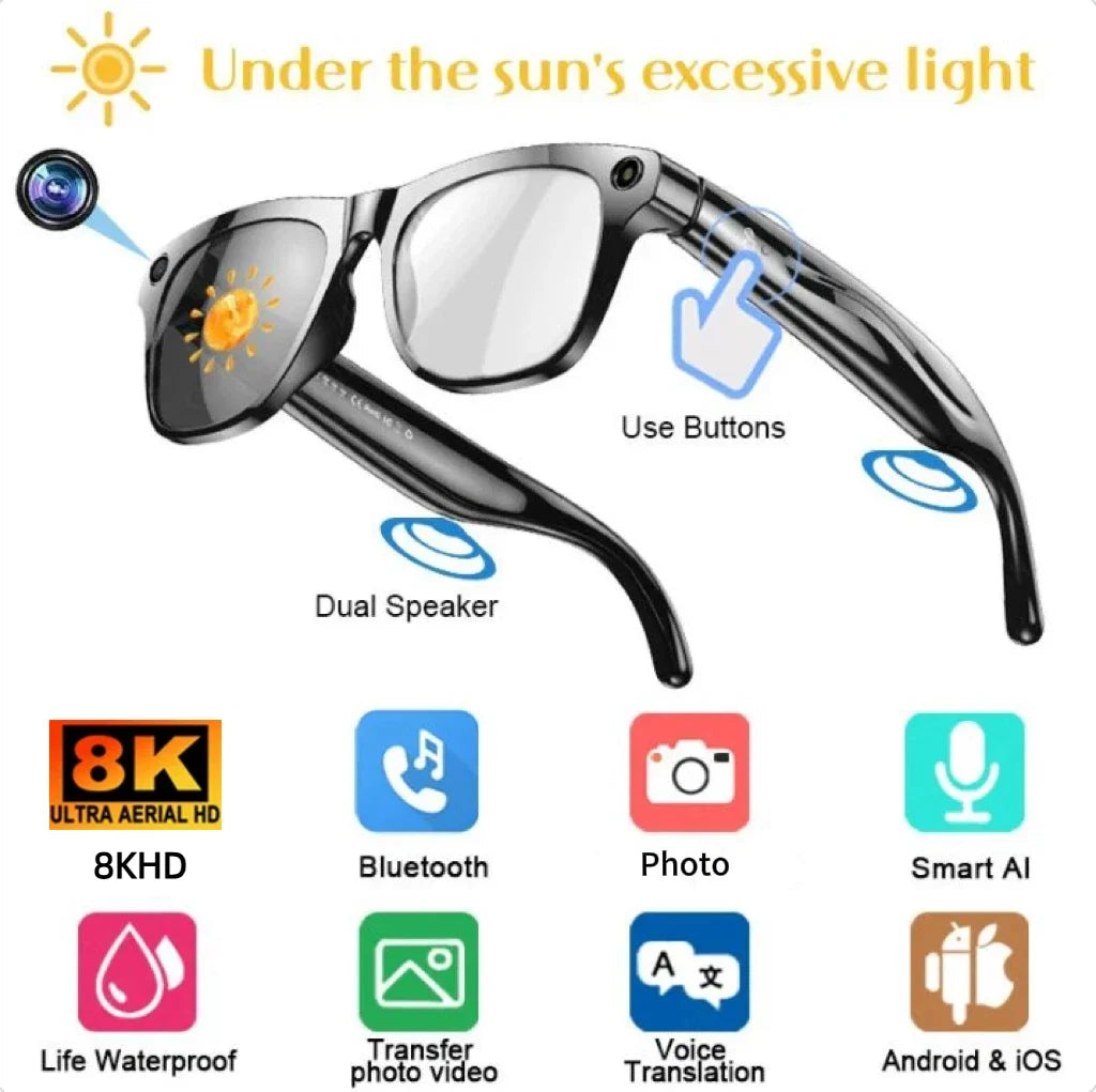 Black smart glasses with built-in camera, speakers, and touch controls for recording video, audio, and translation.