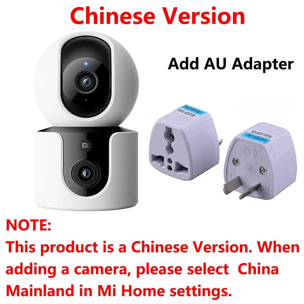 Xiaomi Smart Camera C300 with AU adapter plug set and white dual-lens security camera