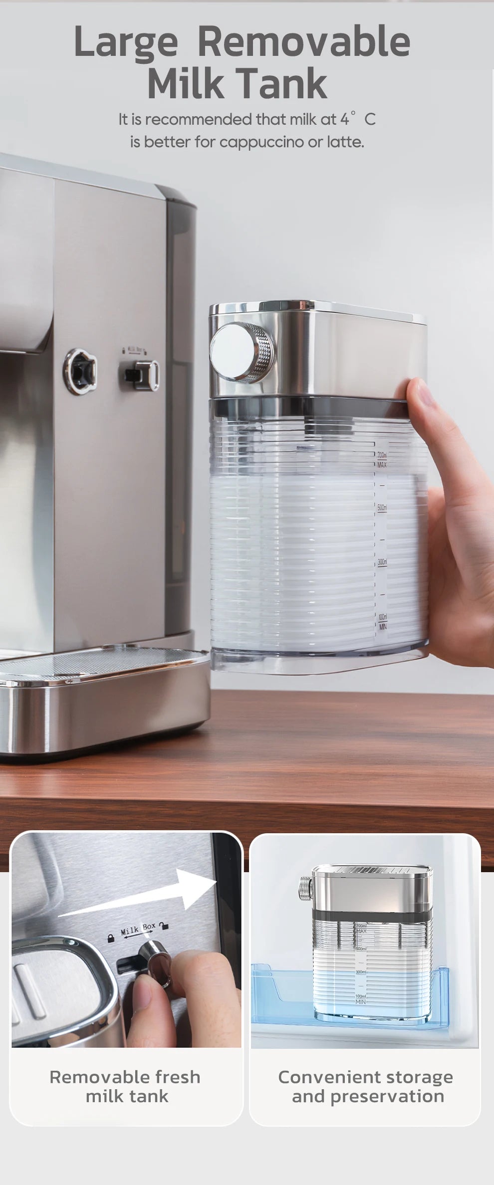 Stainless steel espresso machine with large, removable clear plastic milk tank for cappuccino and latte preparation.