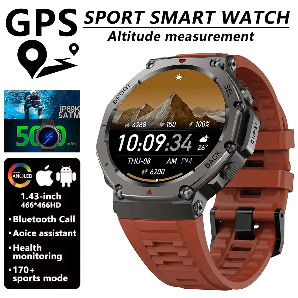 HD Watches Built-in Dual-band GPS Smart Watch Men Smartwatch Compass Altimeter Barometric 5ATM IP69K Waterproof AMOLED