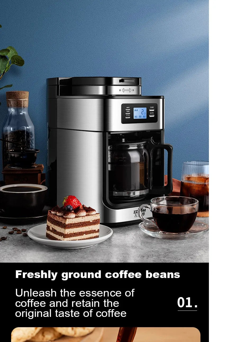 Stainless steel drip coffee maker with integrated grinder, digital display, glass carafe, and ZZOM branding.