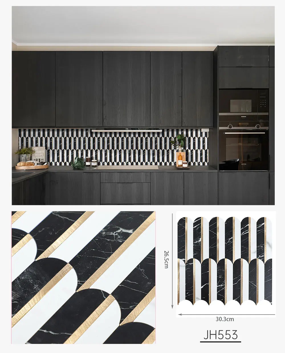 Feather-shaped mosaic backsplash tiles in dark charcoal and white with metallic stripe pattern