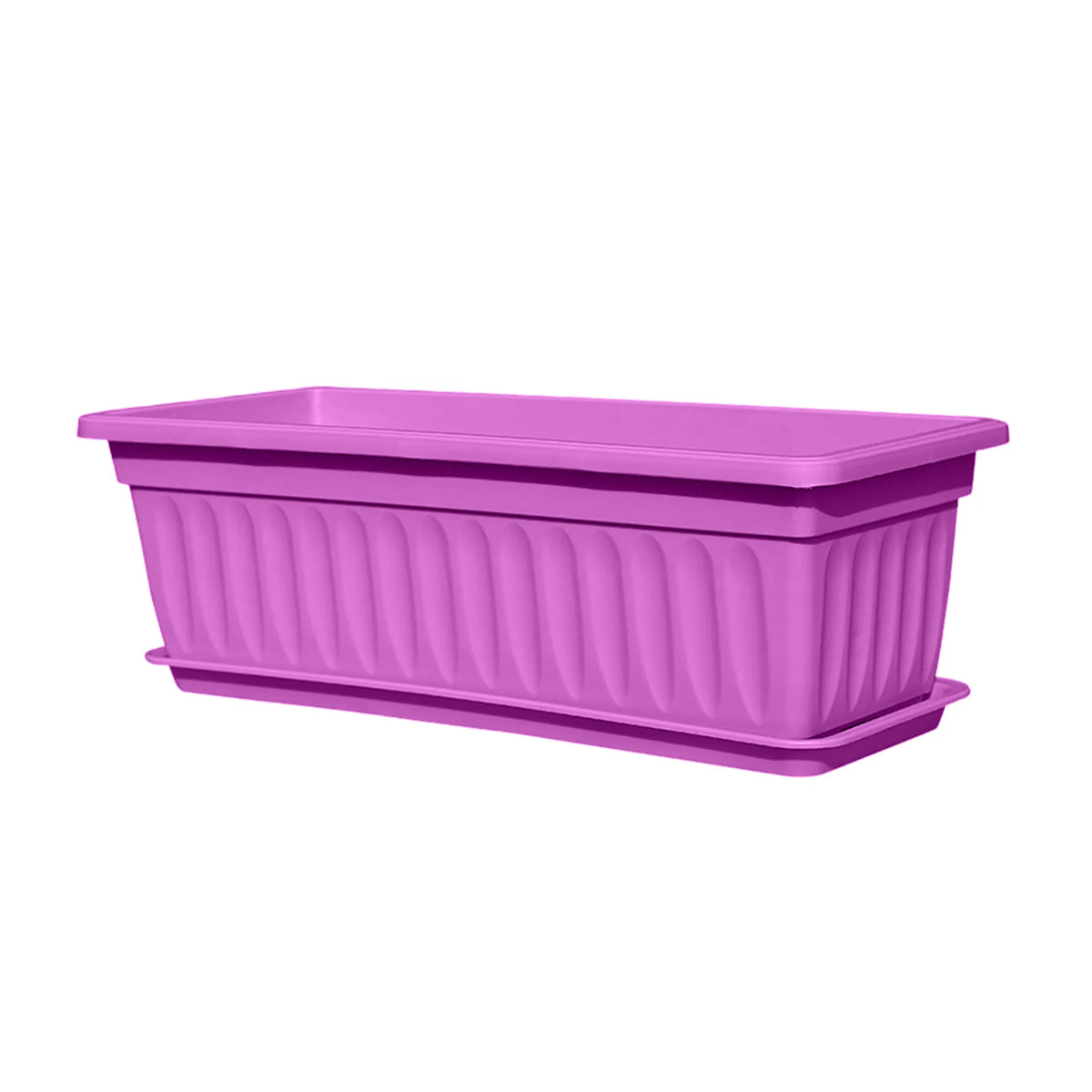 Purple rectangular plastic planter pot with ribbed sides and wide lip.