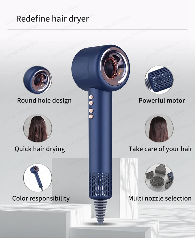 Blue leafless hair dryer with negative ion tech, powerful motor, and styling attachments for professional hair care.