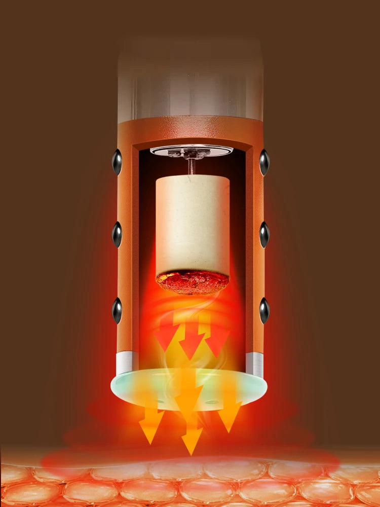 Cylindrical moxibustion device with glowing internal moxa stick, side black stones, and light-emitting jade base.