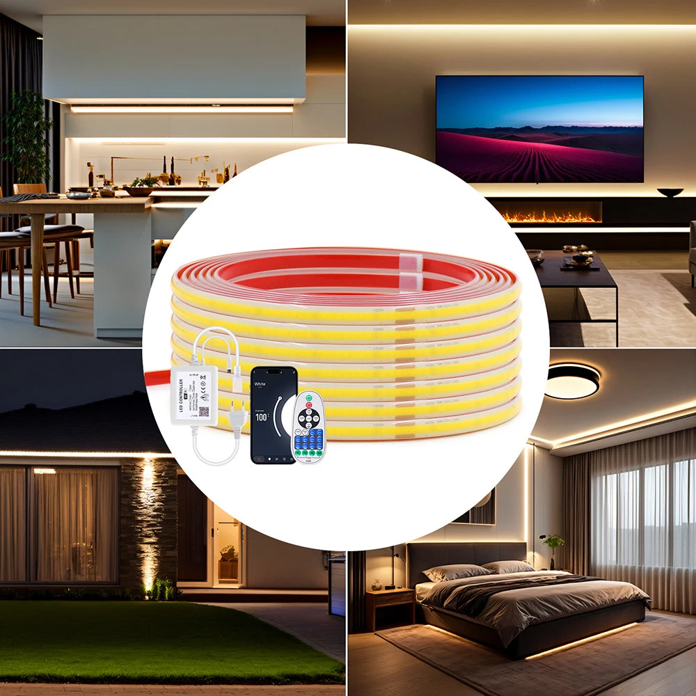 Dimmable 220V COB LED Strip Light WIFI Bluetooth Wall Touch 23key Remote Control Power Kit 288LED Flexible Tape Waterproof Lamp