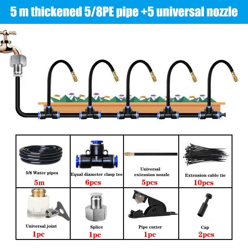 Universal 5m misting spray pipe kit with black hoses, universal nozzles, connectors