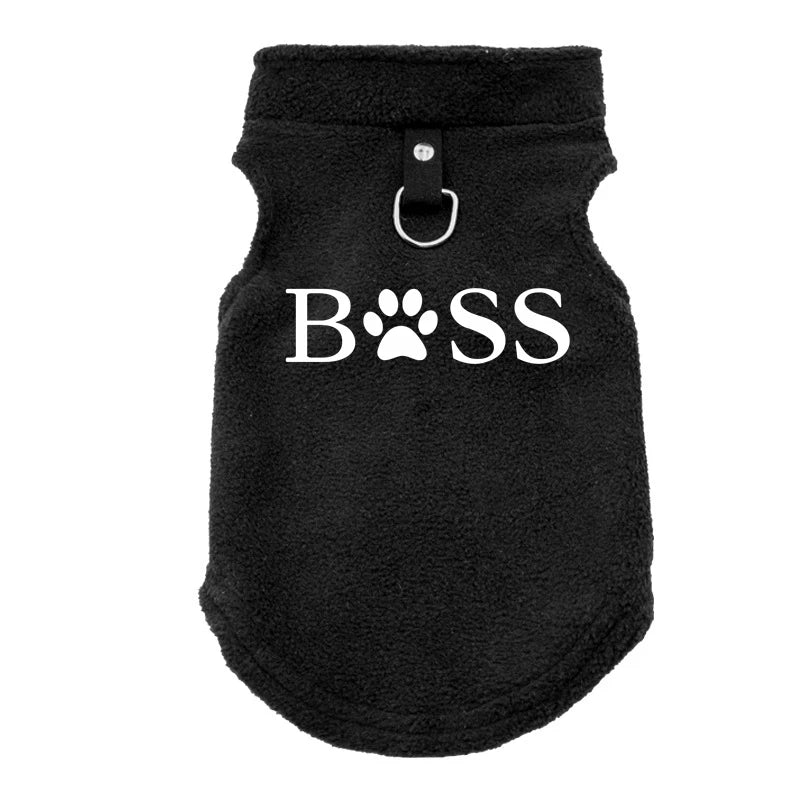 Black fleece vest for small dogs with "BOSS" print and D-ring leash attachment for warm, cozy winter walks.