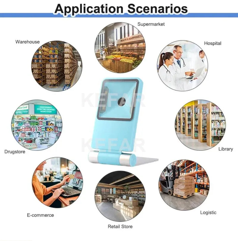 Foldable desktop 2D barcode scanner shown with use-case icons for retail and logistics