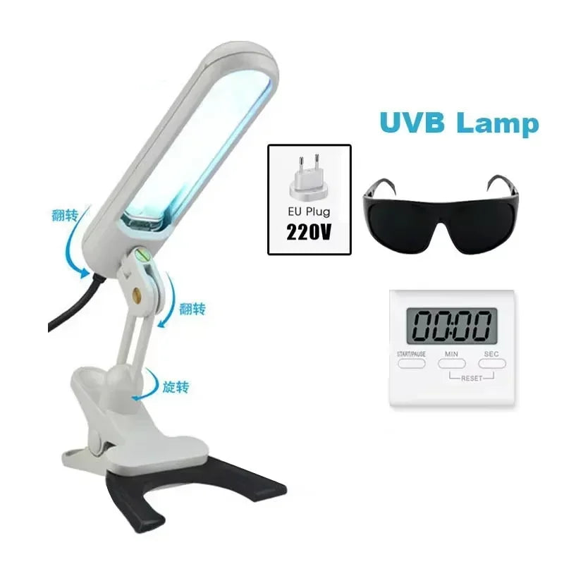Portable 311nm UVB light therapy lamp with adjustable arm, safety goggles, EU plug, and timer for skin treatment.