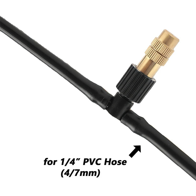 Adjustable brass mist nozzle tee connected to black hose with brass barb coupler