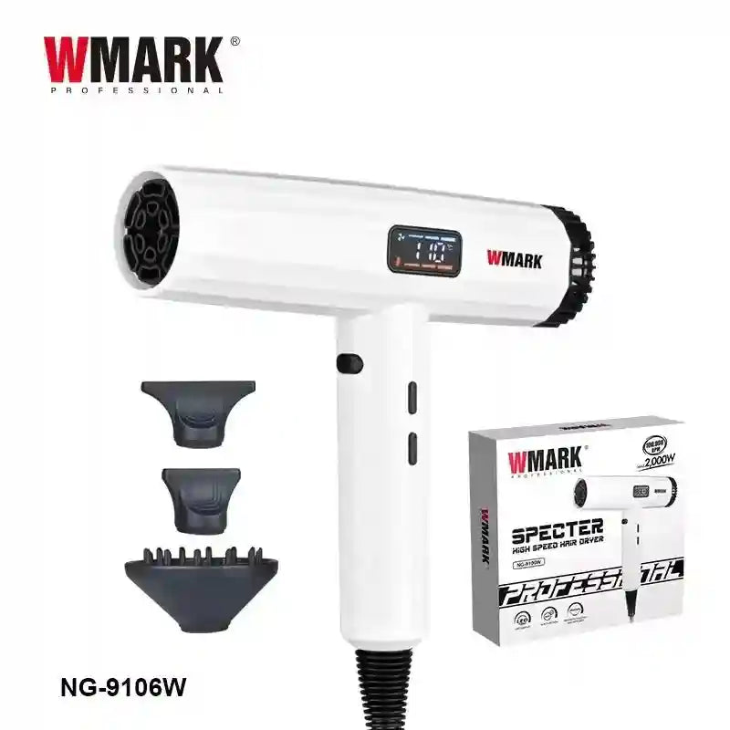 WMARK NG-9106W white professional hair dryer with digital display, three nozzle attachments, and 2000W high-speed motor.