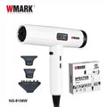 WMARK NG-9106W white professional hair dryer with digital display, three nozzle attachments, and 2000W high-speed motor.