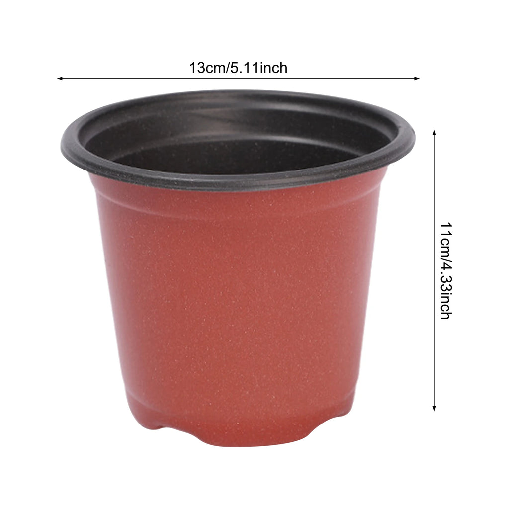 13cm plastic nursery seedling pot, terracotta-red with black rim and drainage base