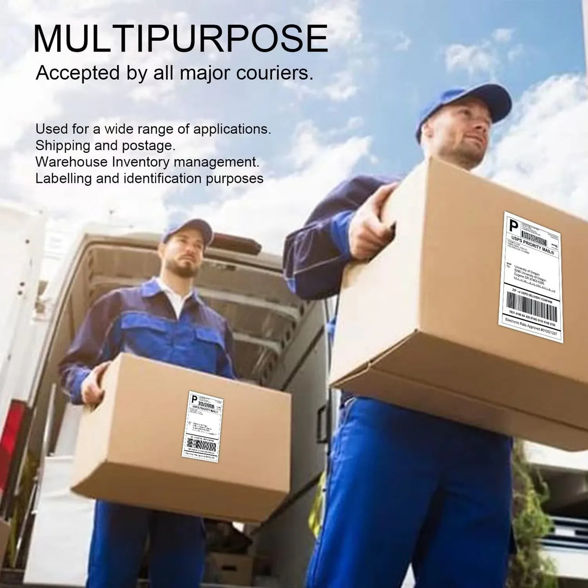 Thermal shipping labels on multiple boxes for multi-purpose courier, shipping, and inventory use
