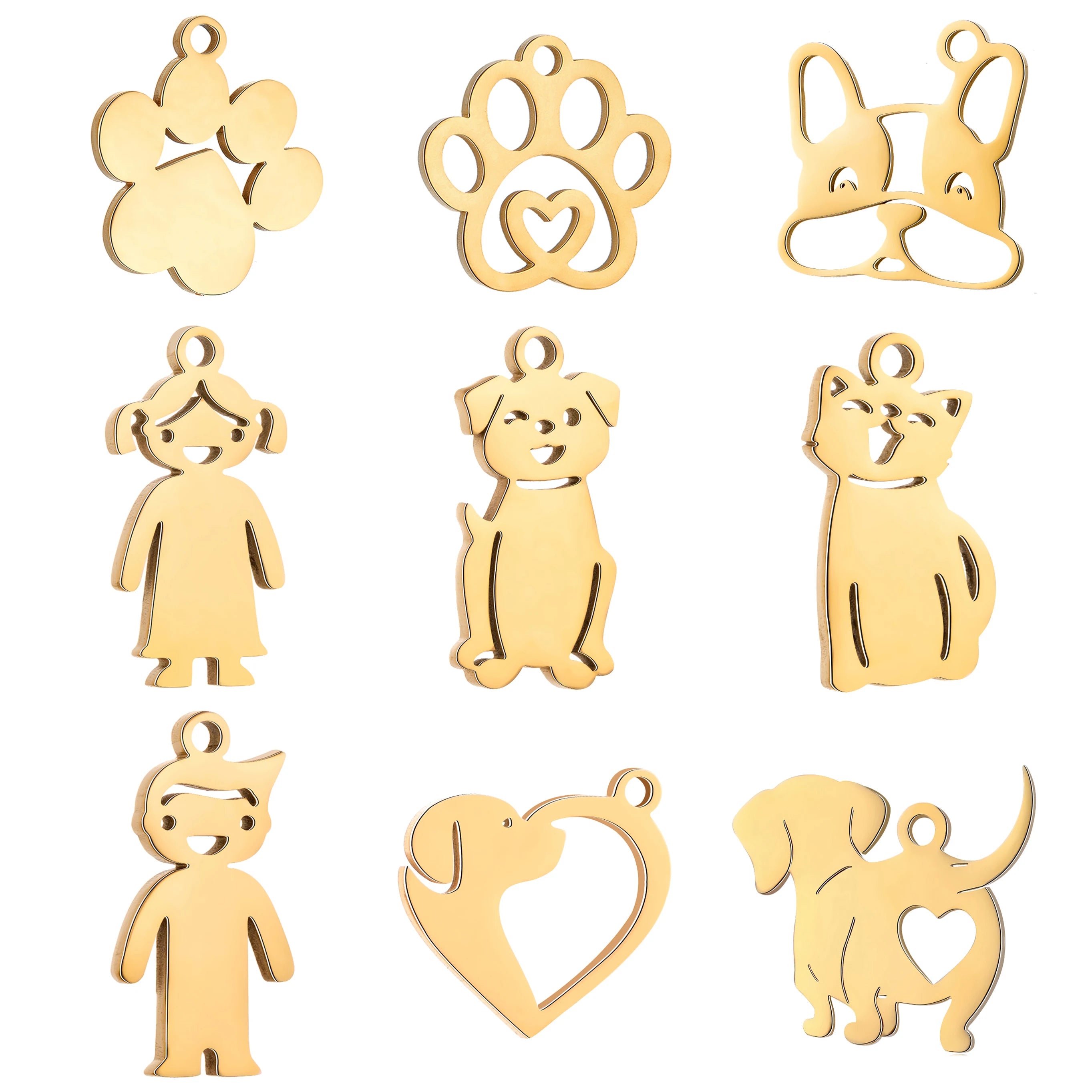 Gold stainless steel pet-themed charms for DIY jewelry making, including dog, cat, and paw print pendants.