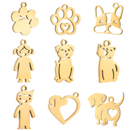 Pet dog and cat claw charms assortment, gold-toned animal and paw pendants with loops