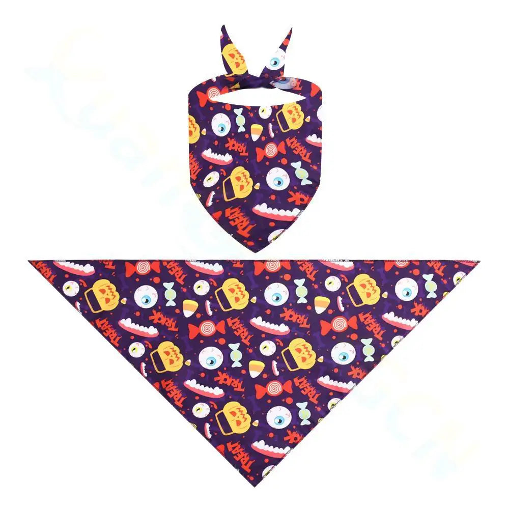 Purple Halloween dog and cat bandana with pumpkin and eyeball print for festive pet costume dressing.