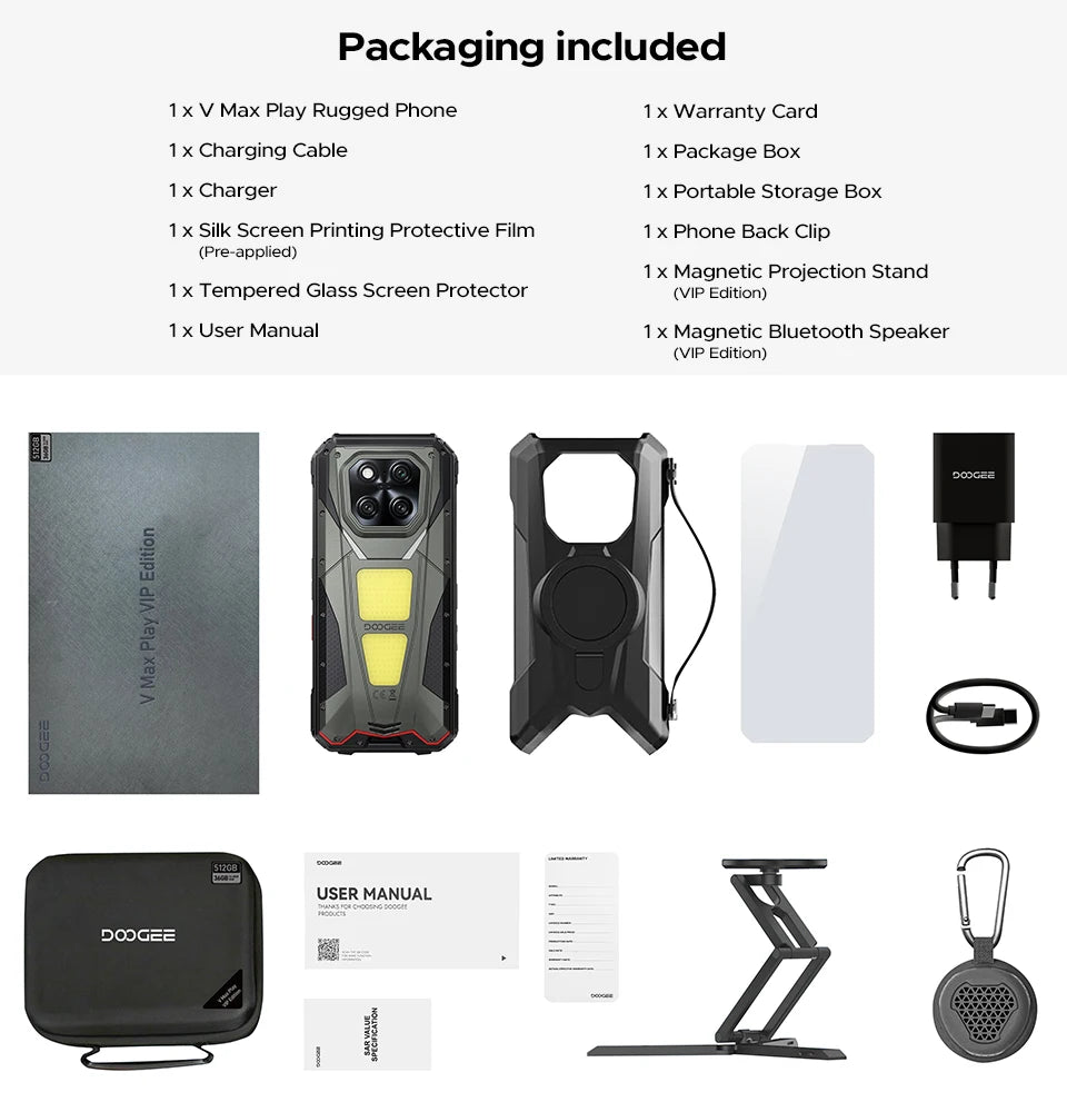 DOOGEE V Max Play 5G Projector Rugged Phone 6.78" 120Hz 20500mAh Dual Camping Lights16GB+512GB 200MP Main Camera NFC Smartphone