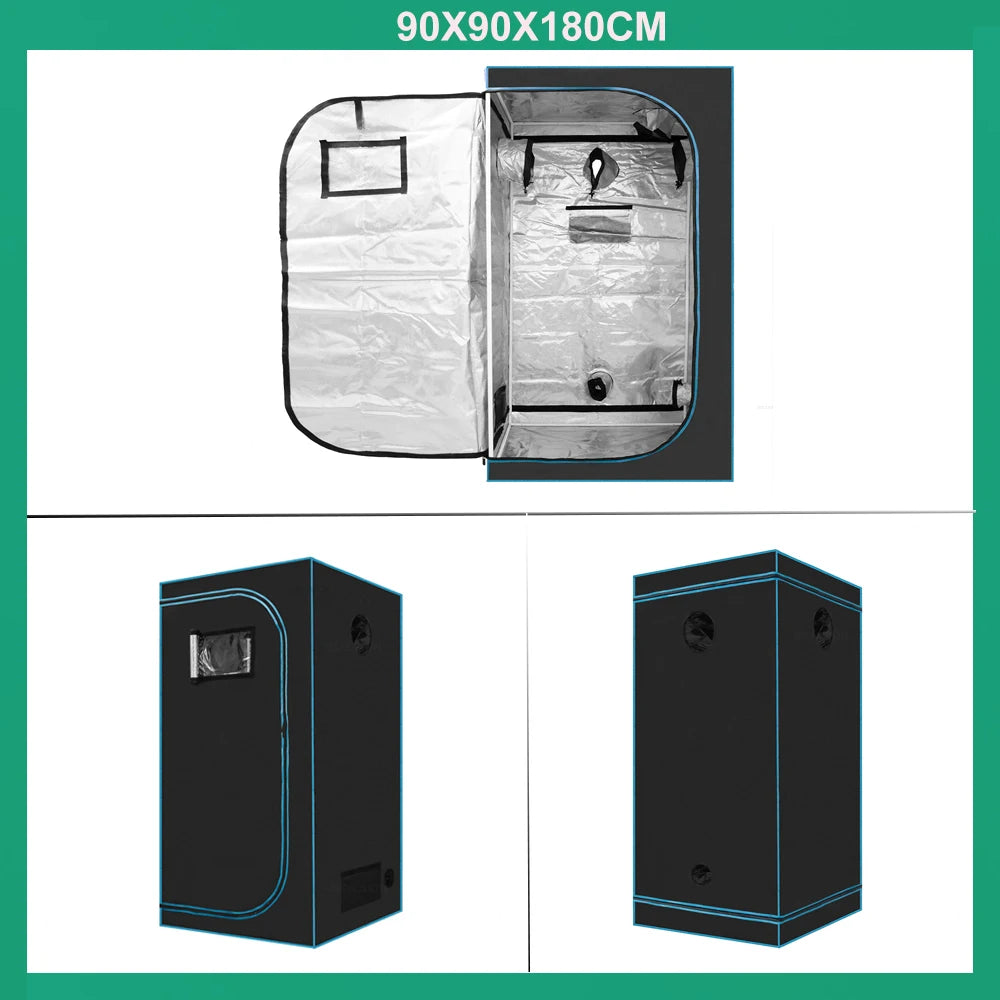 Grow tent set with dark frame and white inner lining, shown open with shelves