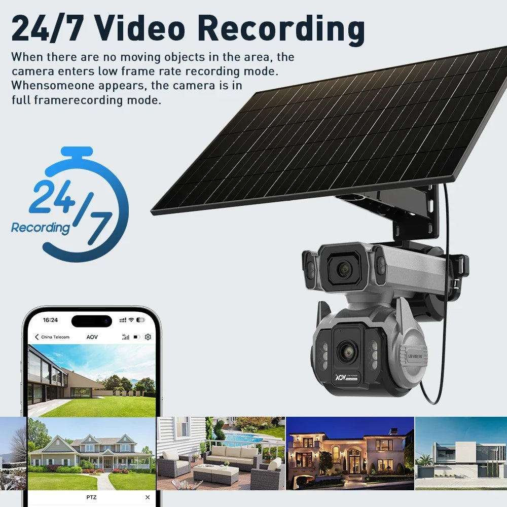 LS VISION Outdoor Surveillance Solar Camera 4g 12X Optical Zoom Cctv Home Cam With 24/7 Video Recording Dual Screen AOV Tracking