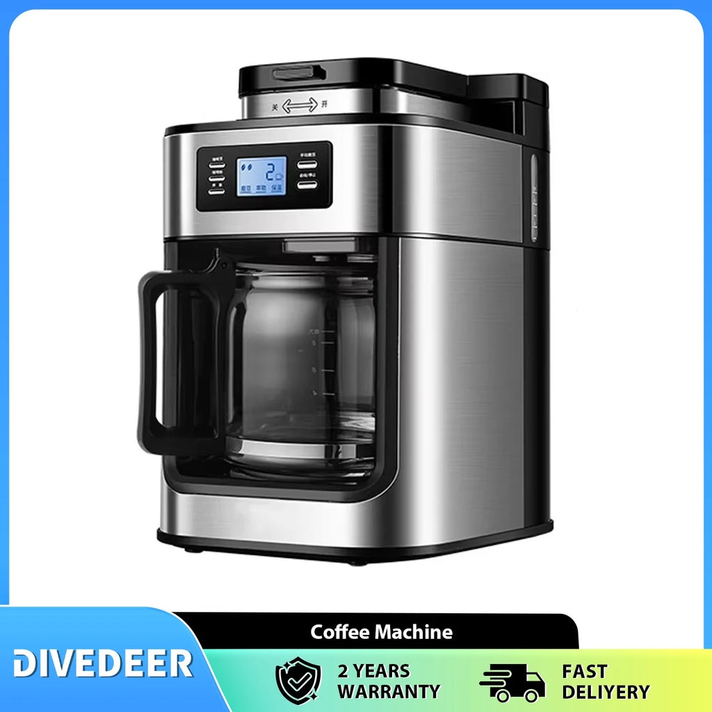 Divedeer stainless steel programmable coffee maker with digital display and glass carafe on a white background.