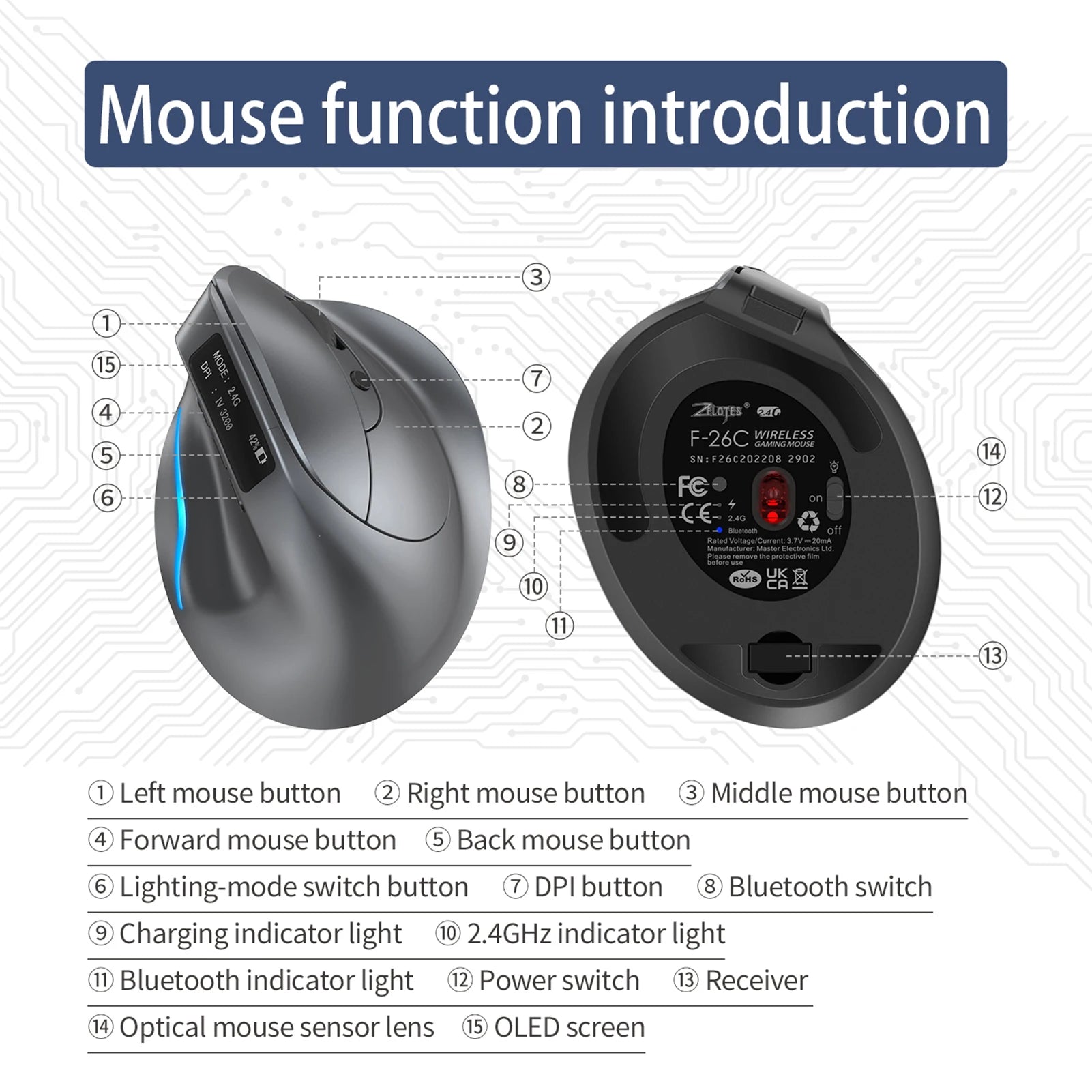 ZELOTES F-26C Mouse Rechargeable display dual-mode wireless mouse with silent 2.4GHz BT gray mouse
