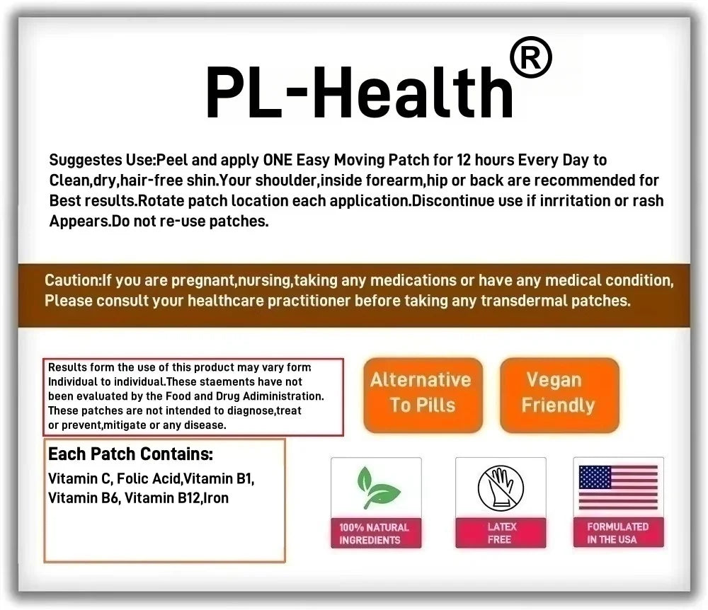 30 Patches  Iron Transdermal Patches with Vitamin C, Folic Acid Vitamin B6, Vitamin B12 - Support Blood Building