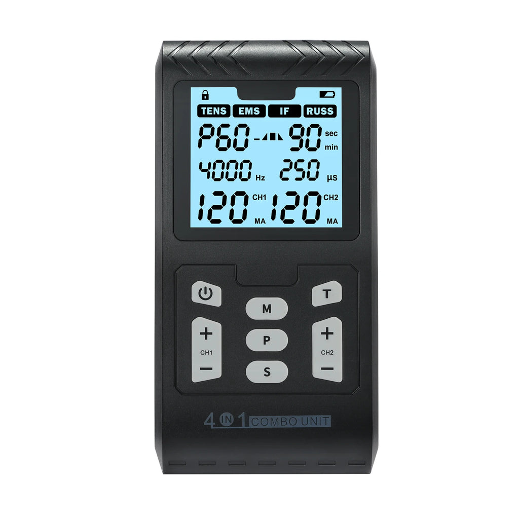 Black 4-in-1 IFT, RUSS, EMS, TENS muscle stimulator with backlit digital display and adjustable intensity controls.