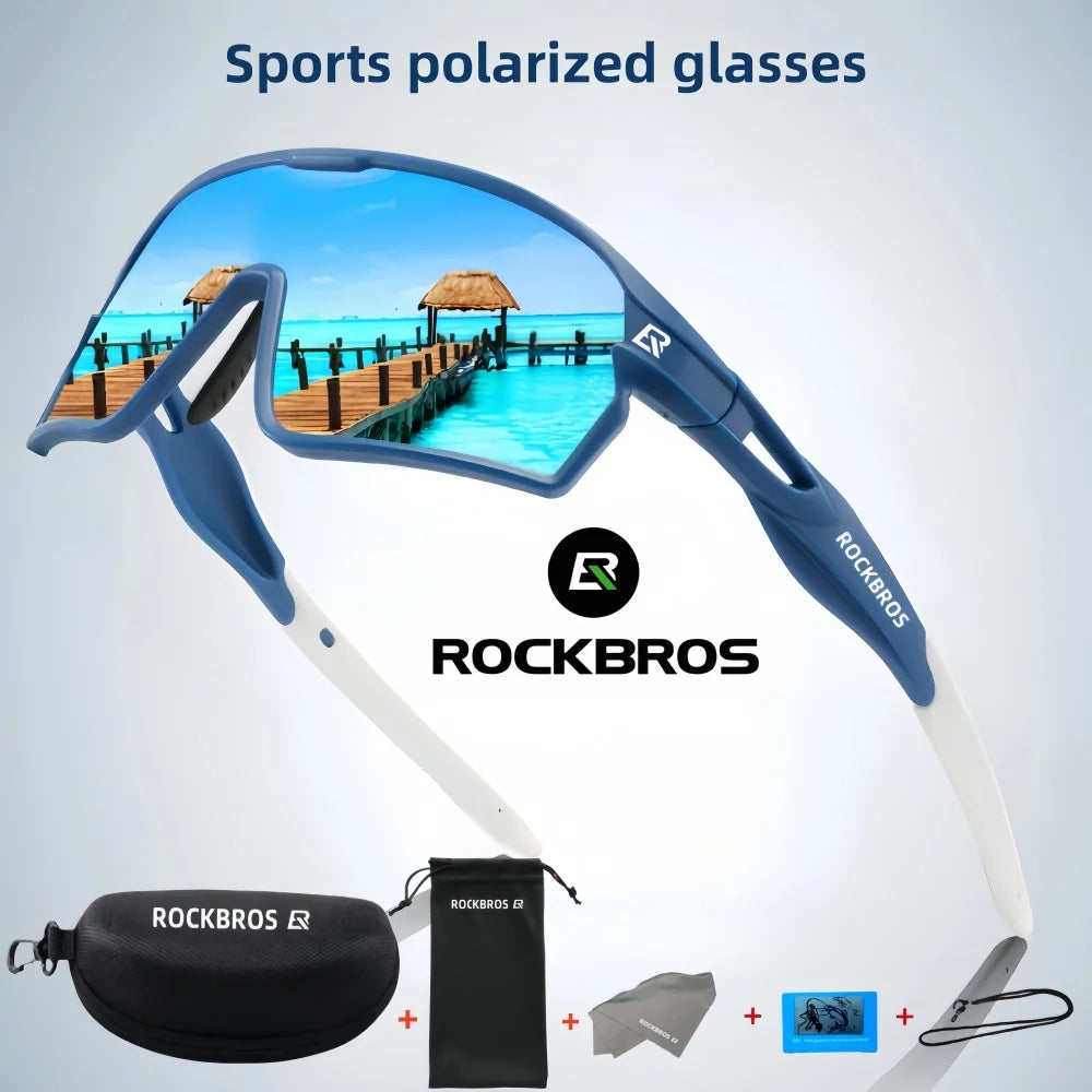 Blue and white sports sunglasses with photochromic lens and included case and pouch